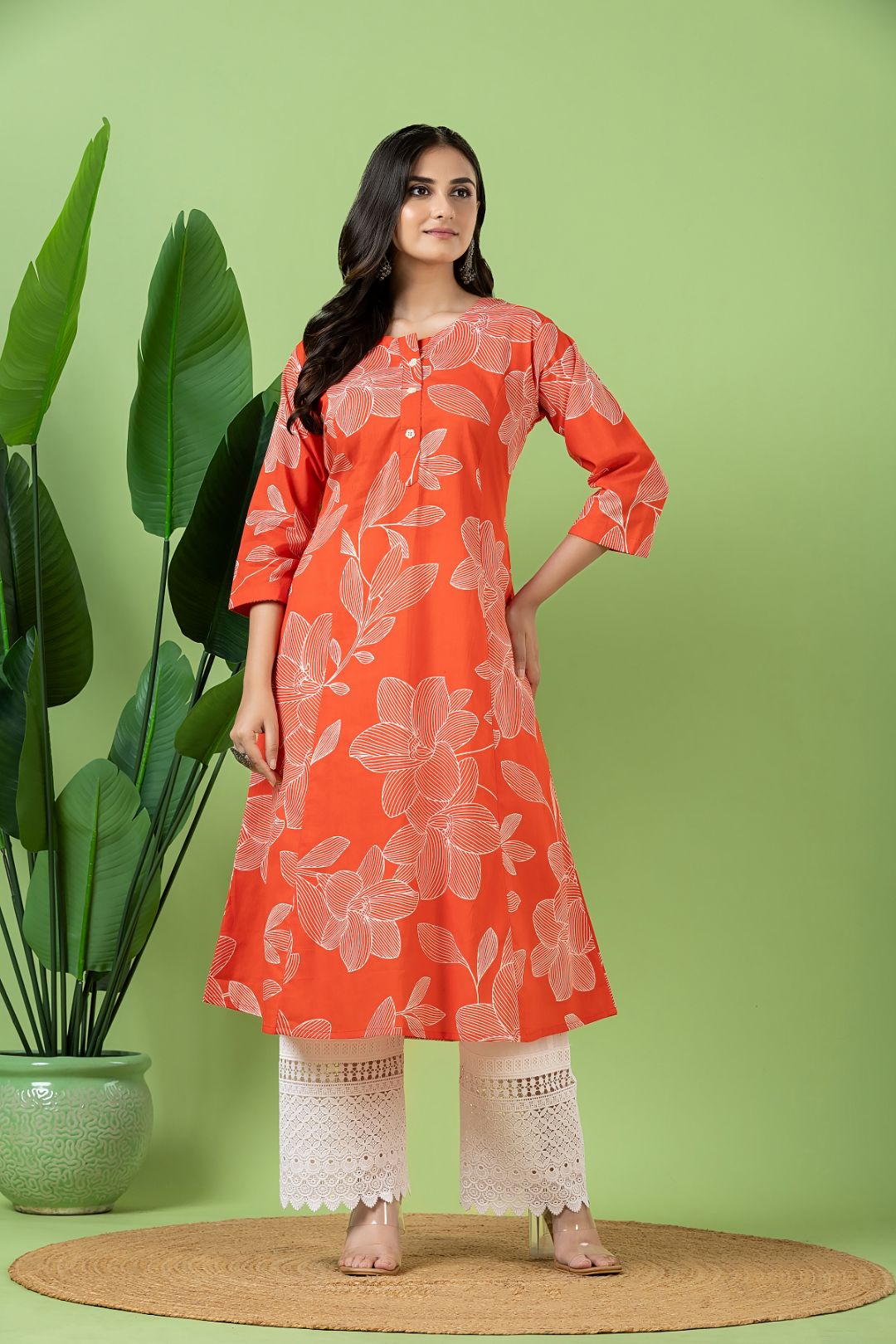 Orange Floral Print A-Line Kurta