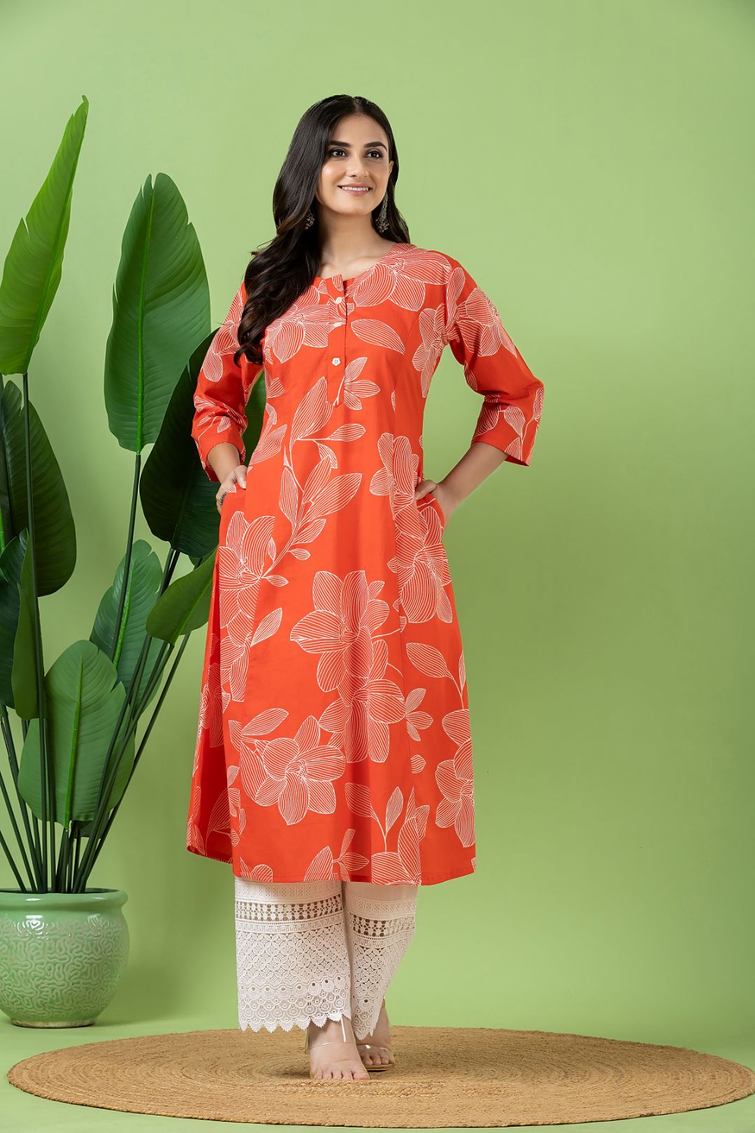 Orange Floral Print A-Line Kurta