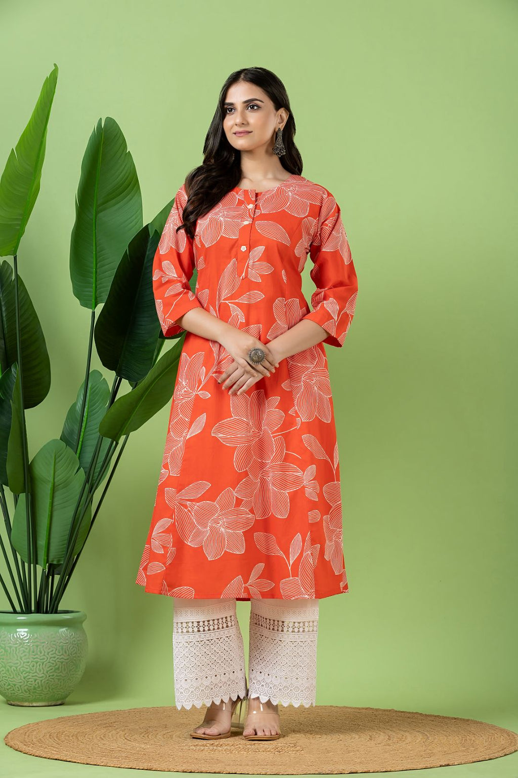 Orange Floral Print A-Line Kurta
