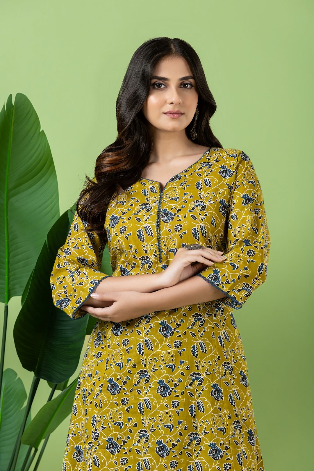 Olive Green & Blue Floral Print A-Line Kurta