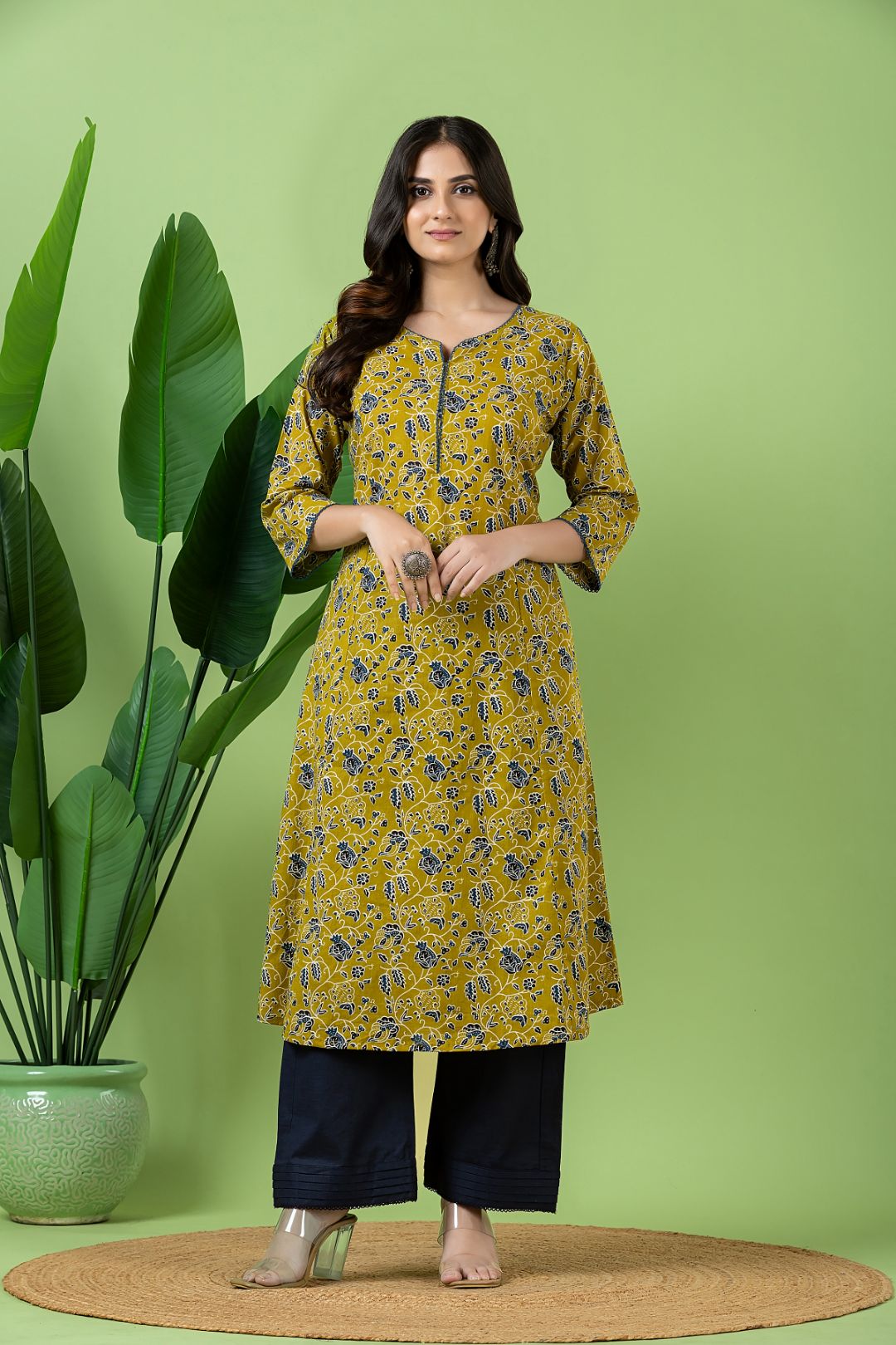 Olive Green & Blue Floral Print A-Line Kurta