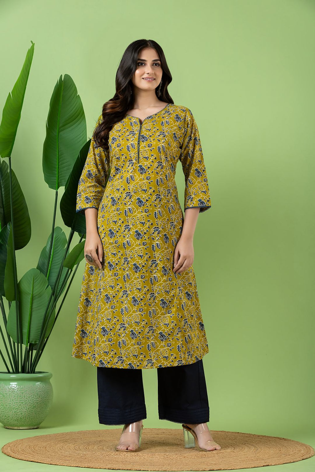 Olive Green & Blue Floral Print A-Line Kurta