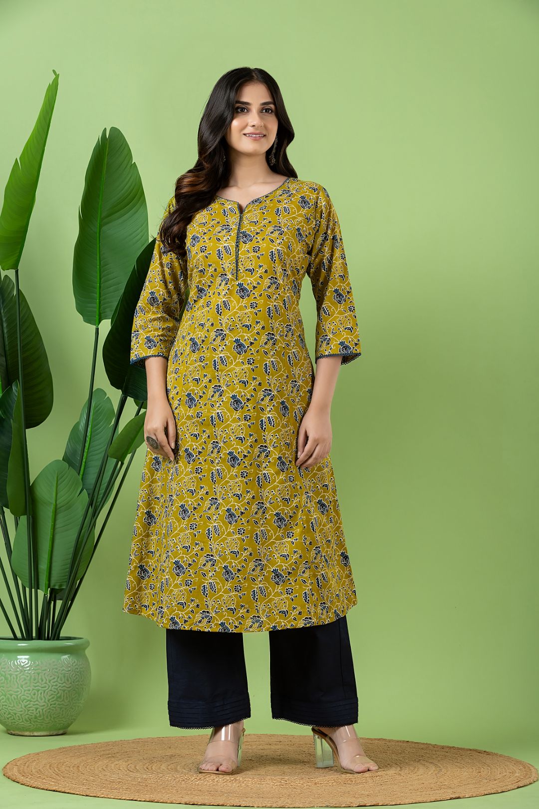 Olive Green & Blue Floral Print A-Line Kurta
