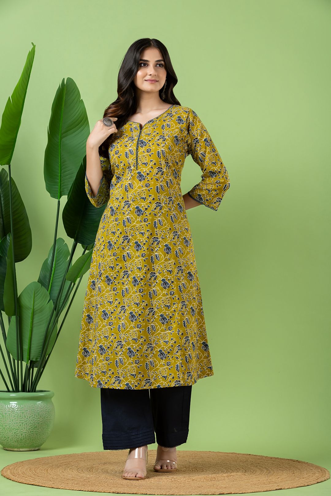 Olive Green & Blue Floral Print A-Line Kurta
