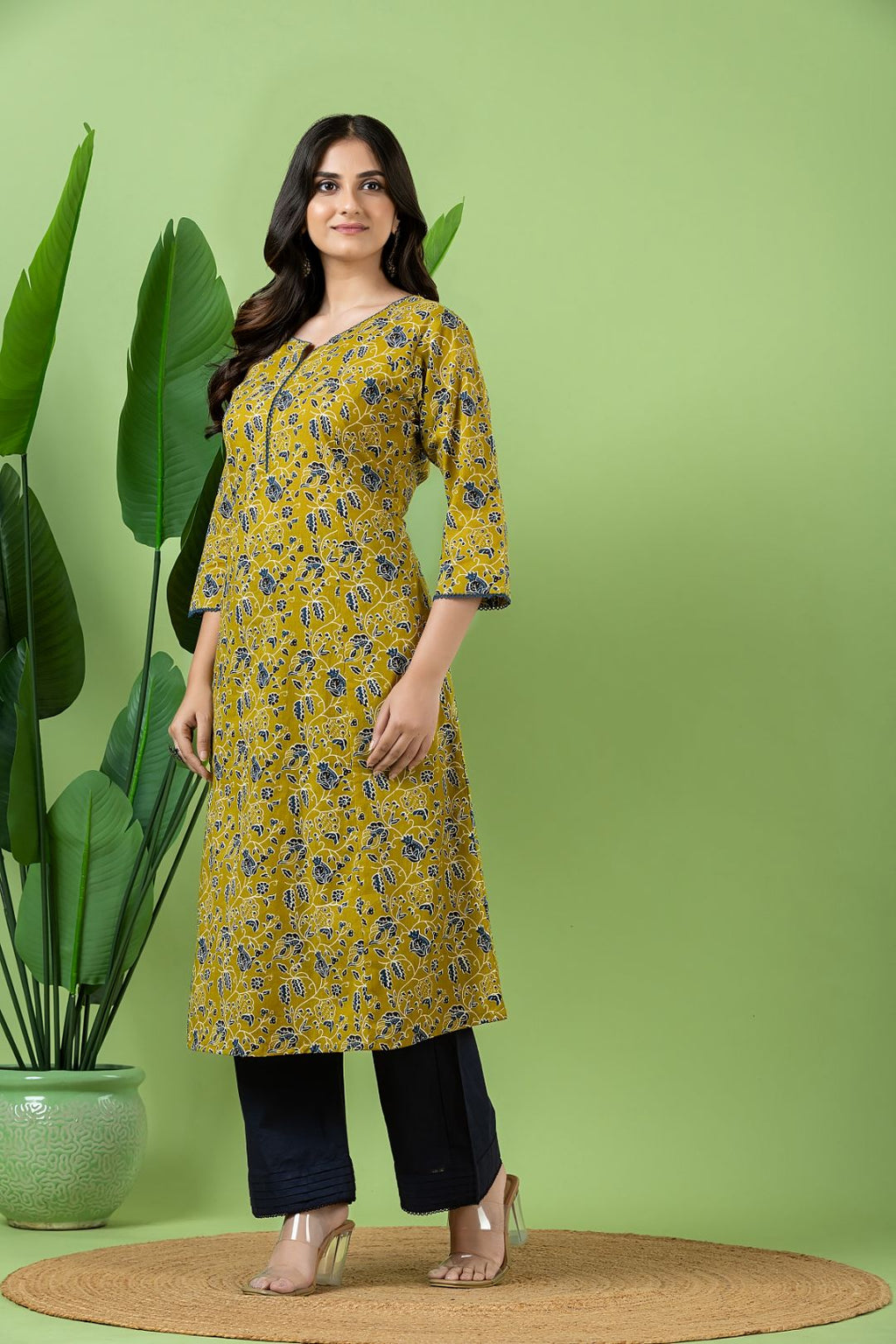 Olive Green & Blue Floral Print A-Line Kurta