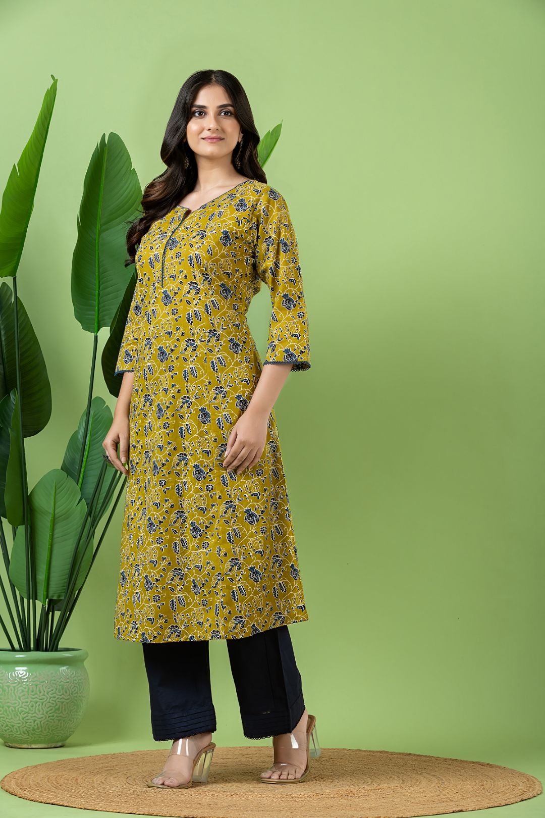Olive Green & Blue Floral Print A-Line Kurta
