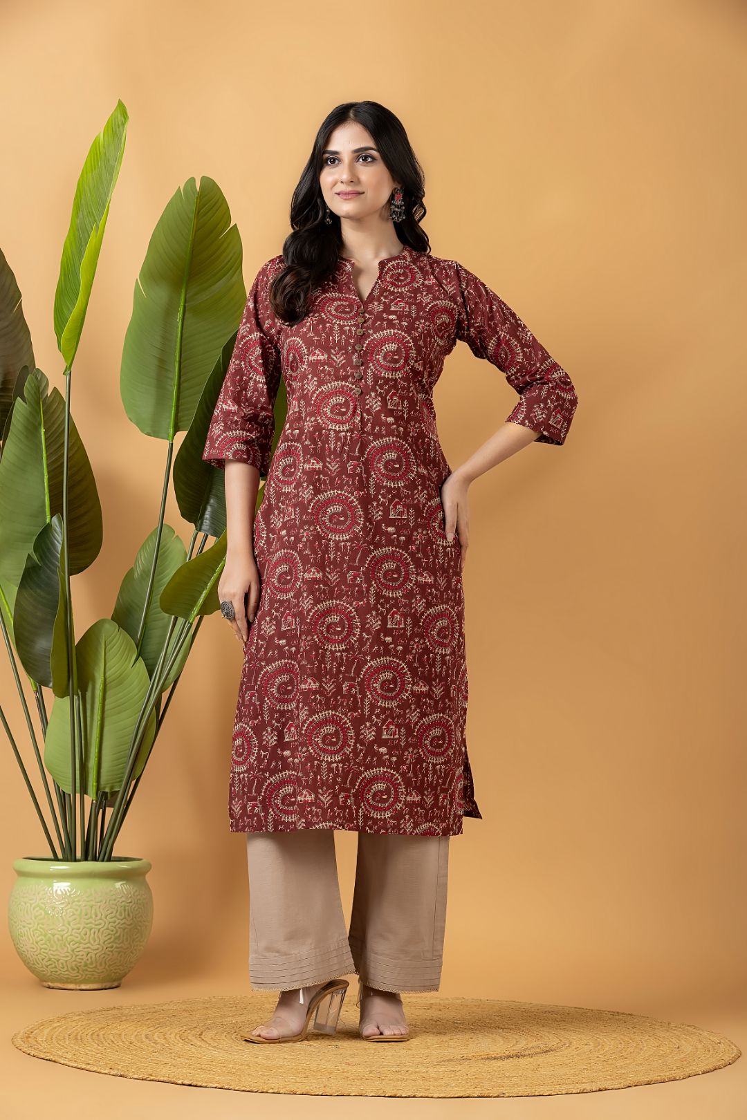 Maroon Tribal Motif Print Kurta