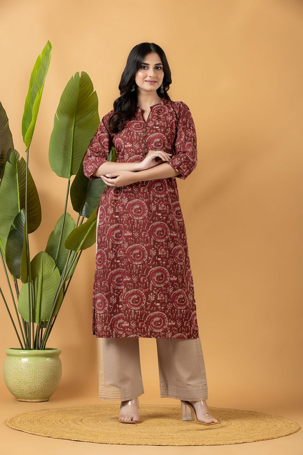 Maroon Tribal Motif Print Kurta