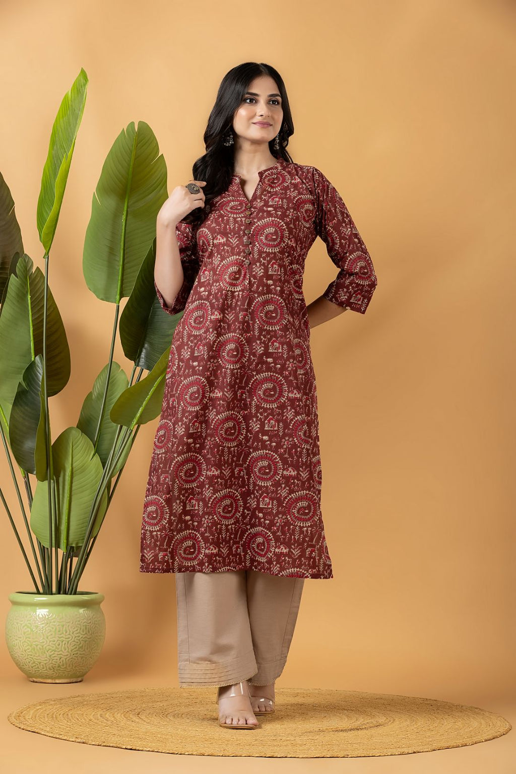 Maroon Tribal Motif Print Kurta
