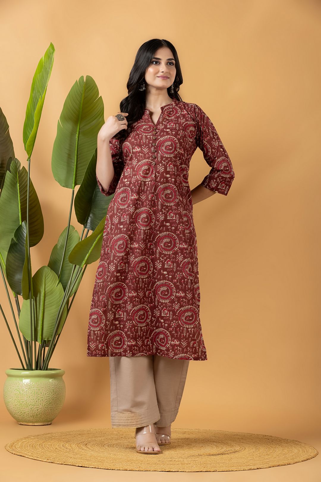 Maroon Tribal Motif Print Kurta