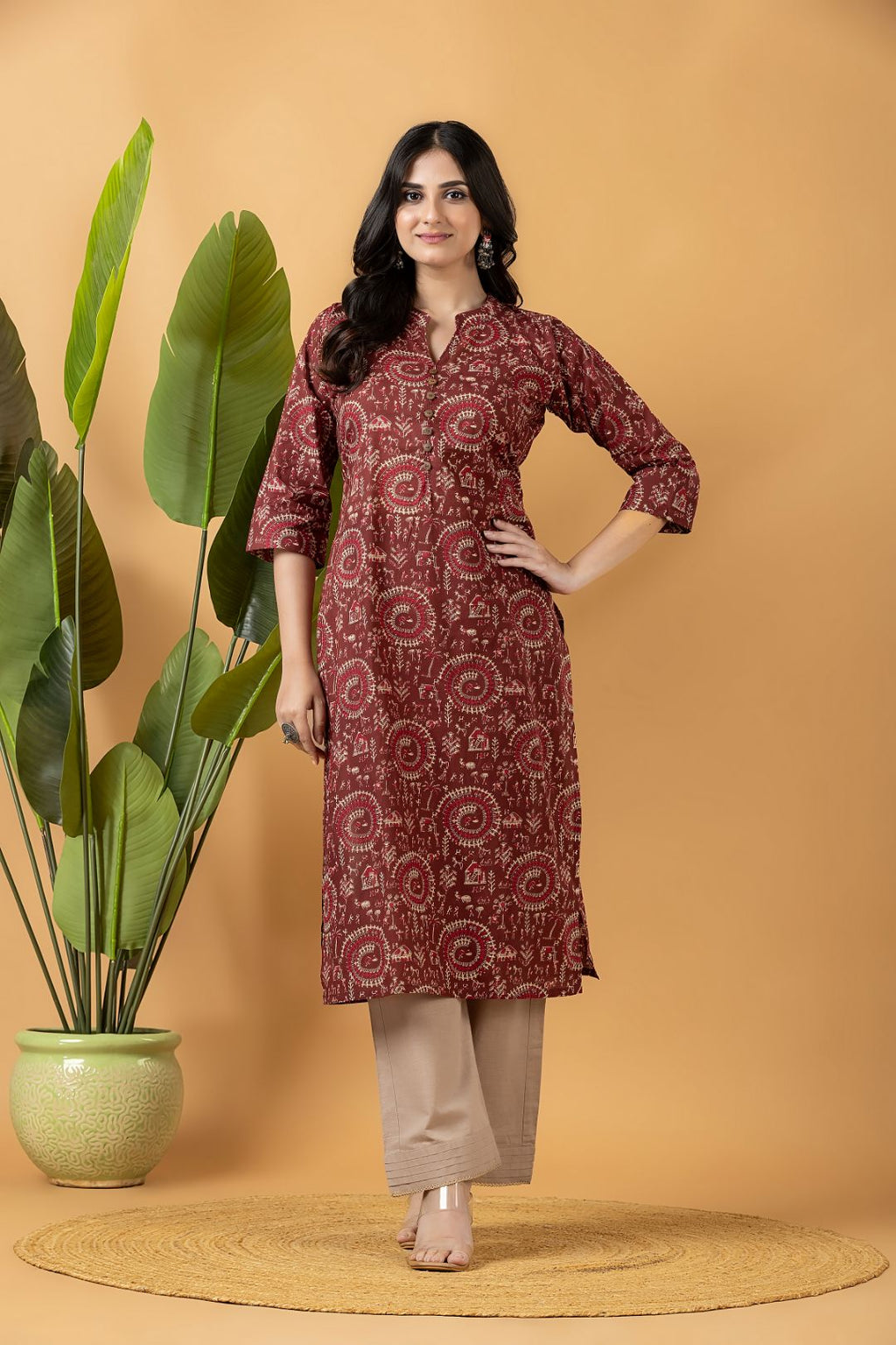 Maroon Tribal Motif Print Kurta