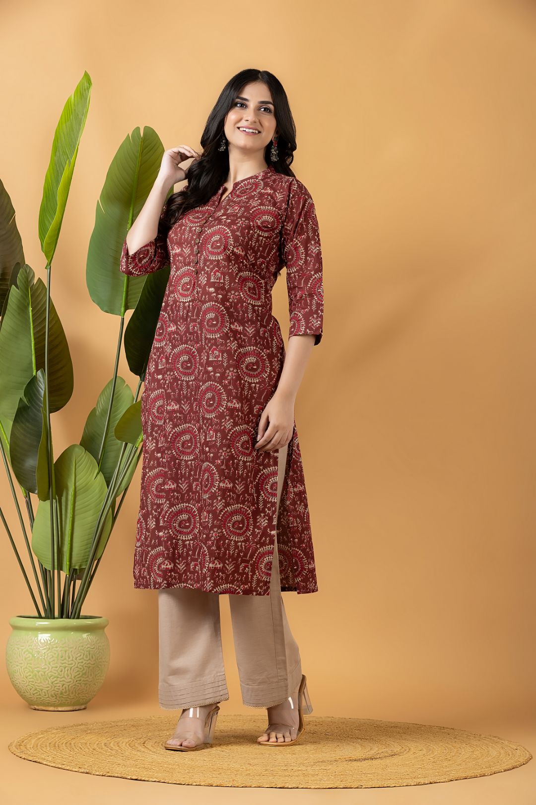 Maroon Tribal Motif Print Kurta