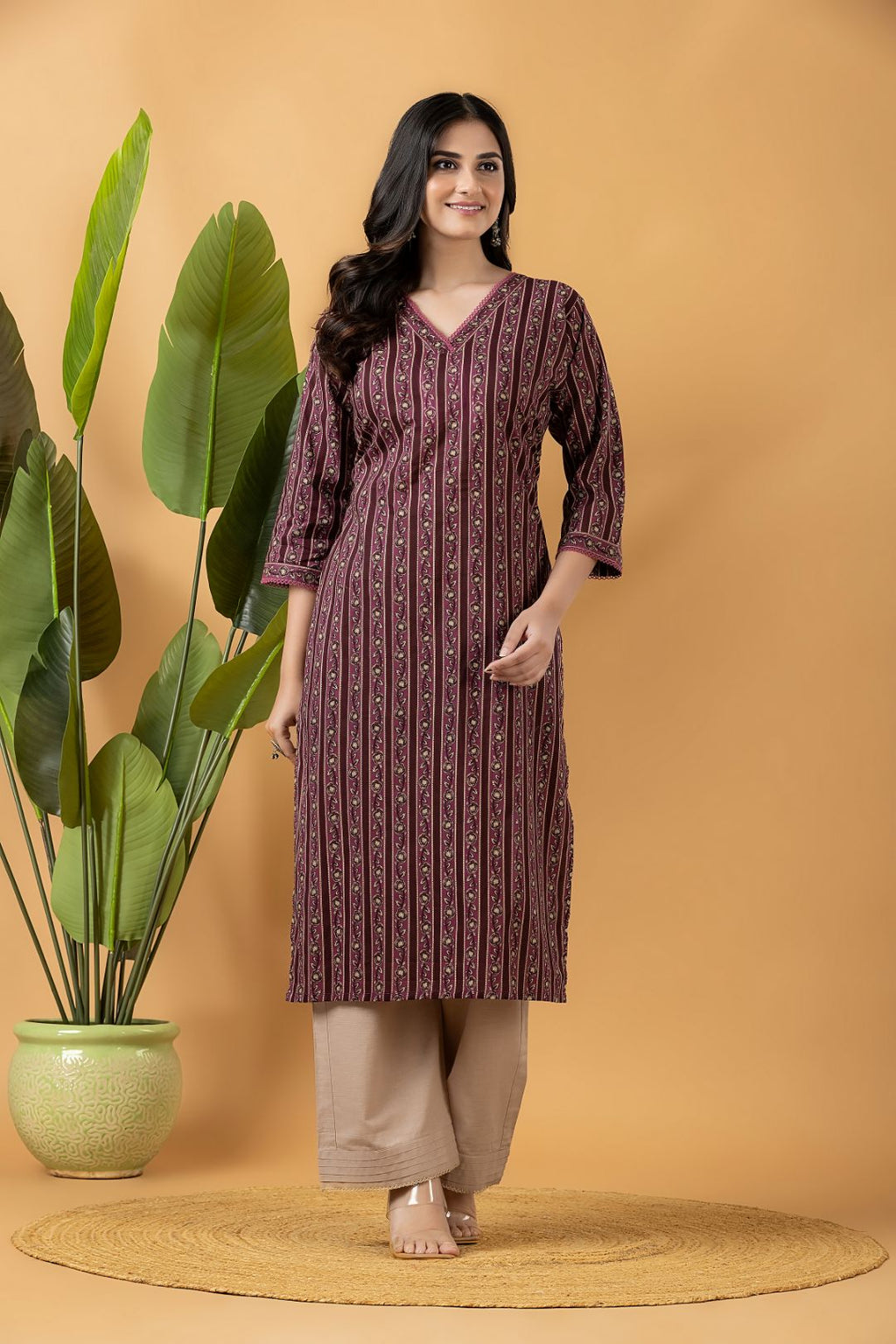 Dark Mauve Striped Kurta