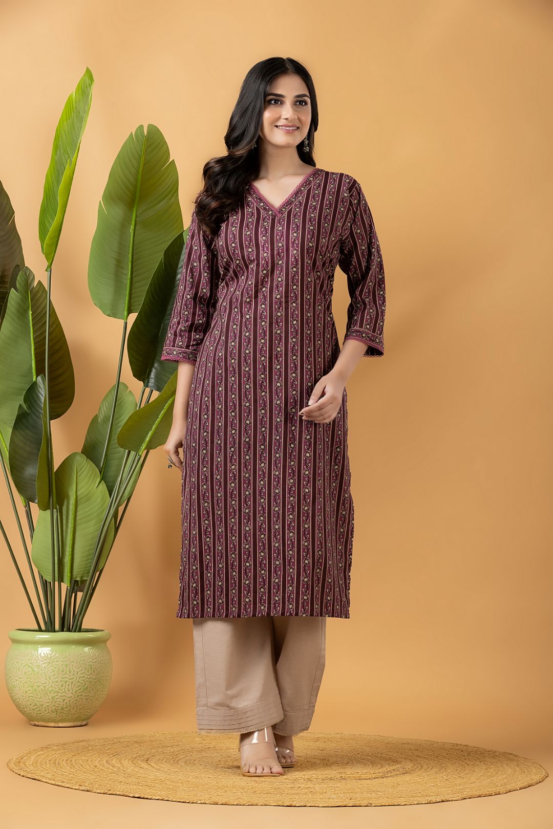 Dark Mauve Striped Kurta