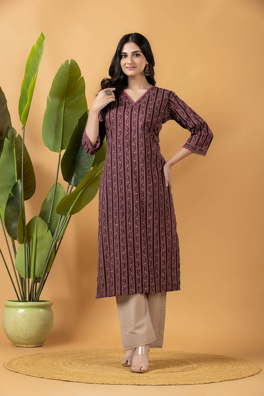 Dark Mauve Striped Kurta