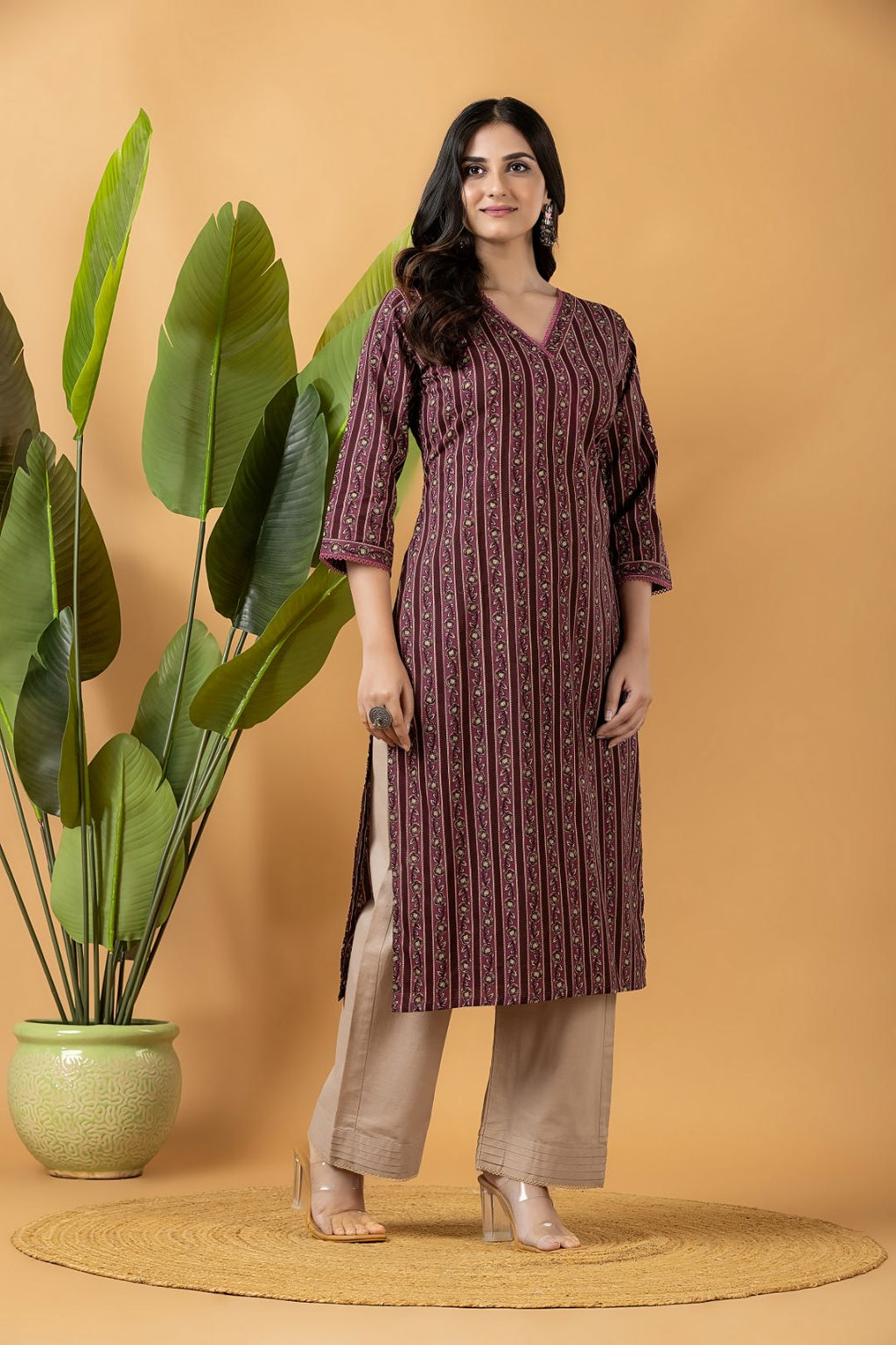 Dark Mauve Striped Kurta