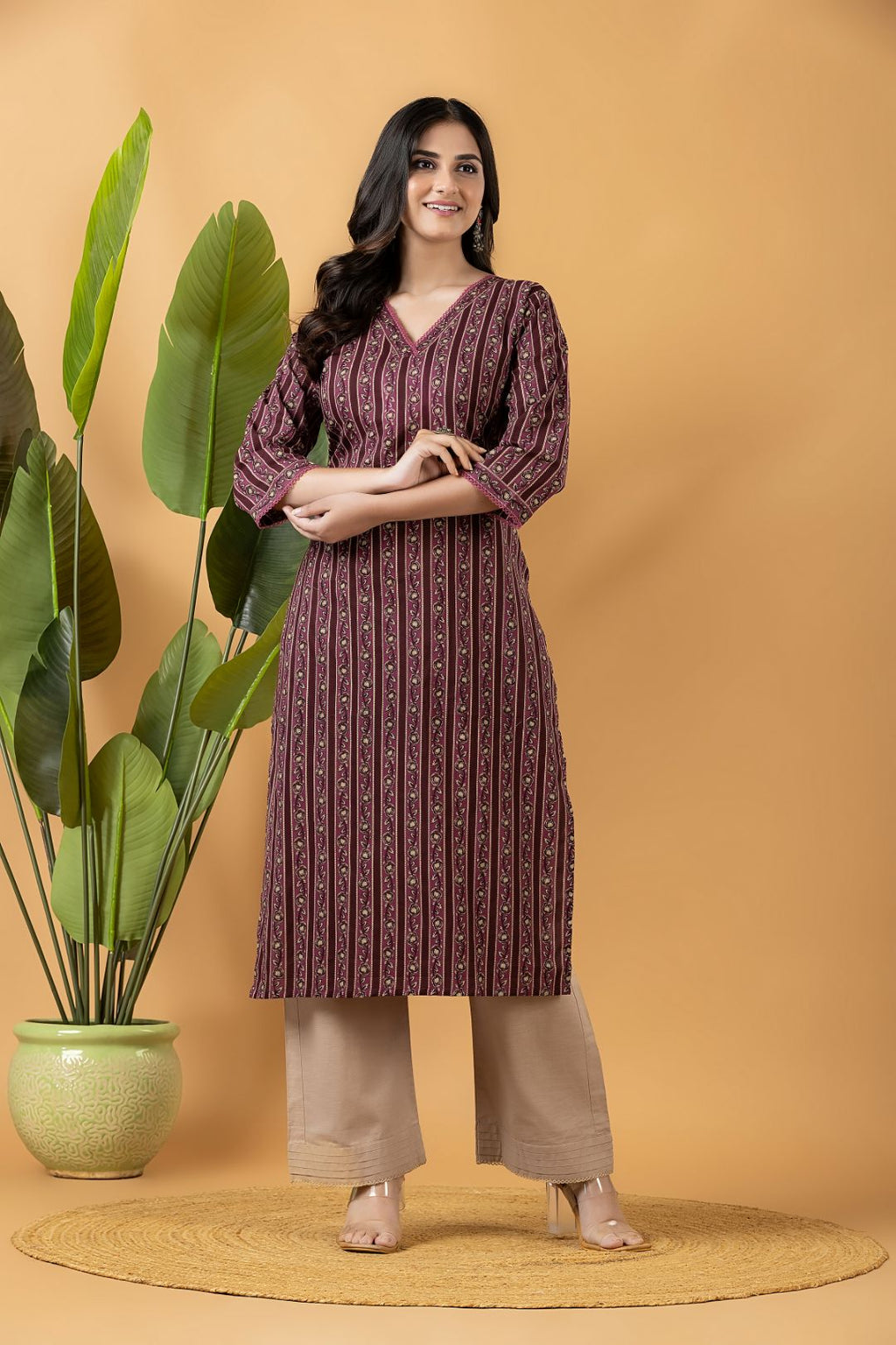 Dark Mauve Striped Kurta