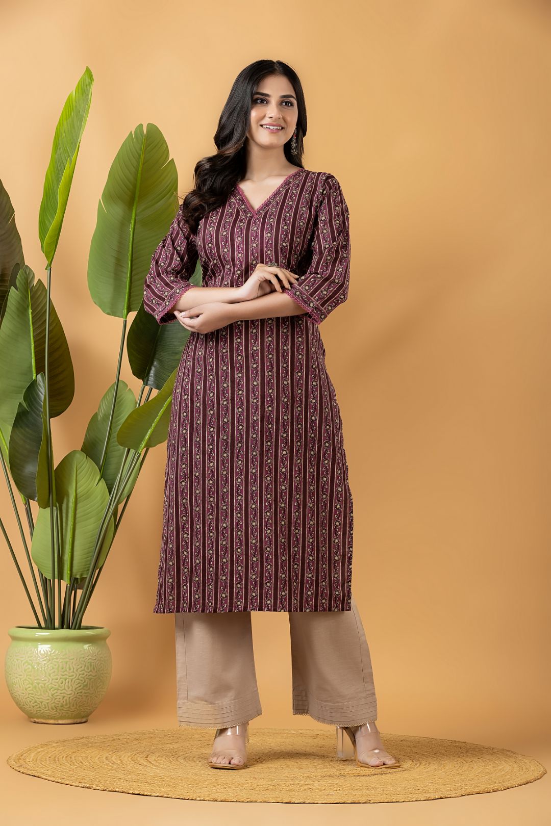 Dark Mauve Striped Kurta