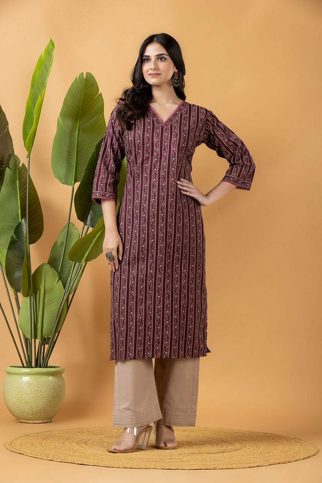 Dark Mauve Striped Kurta