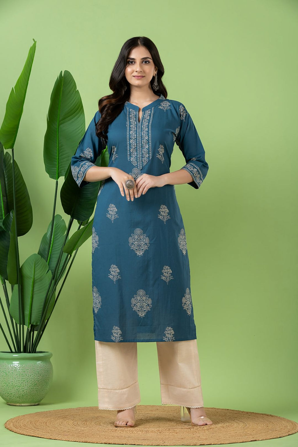 Teal Blue Floral Print Kurta
