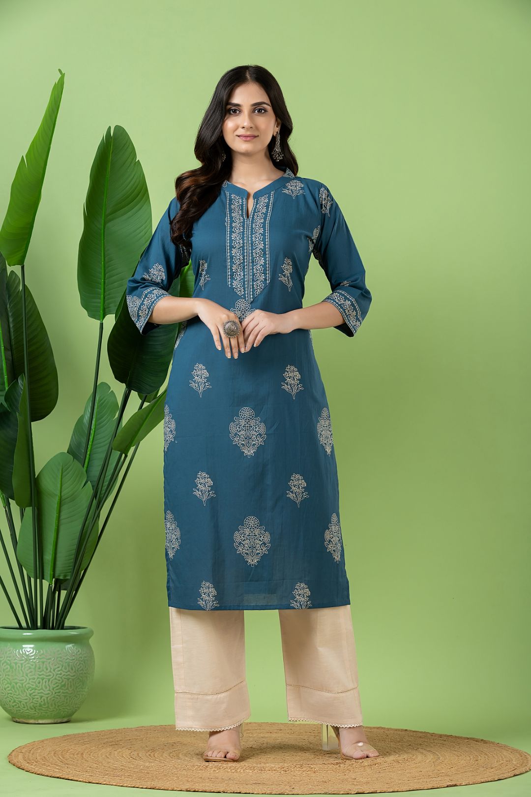Teal Blue Floral Print Kurta