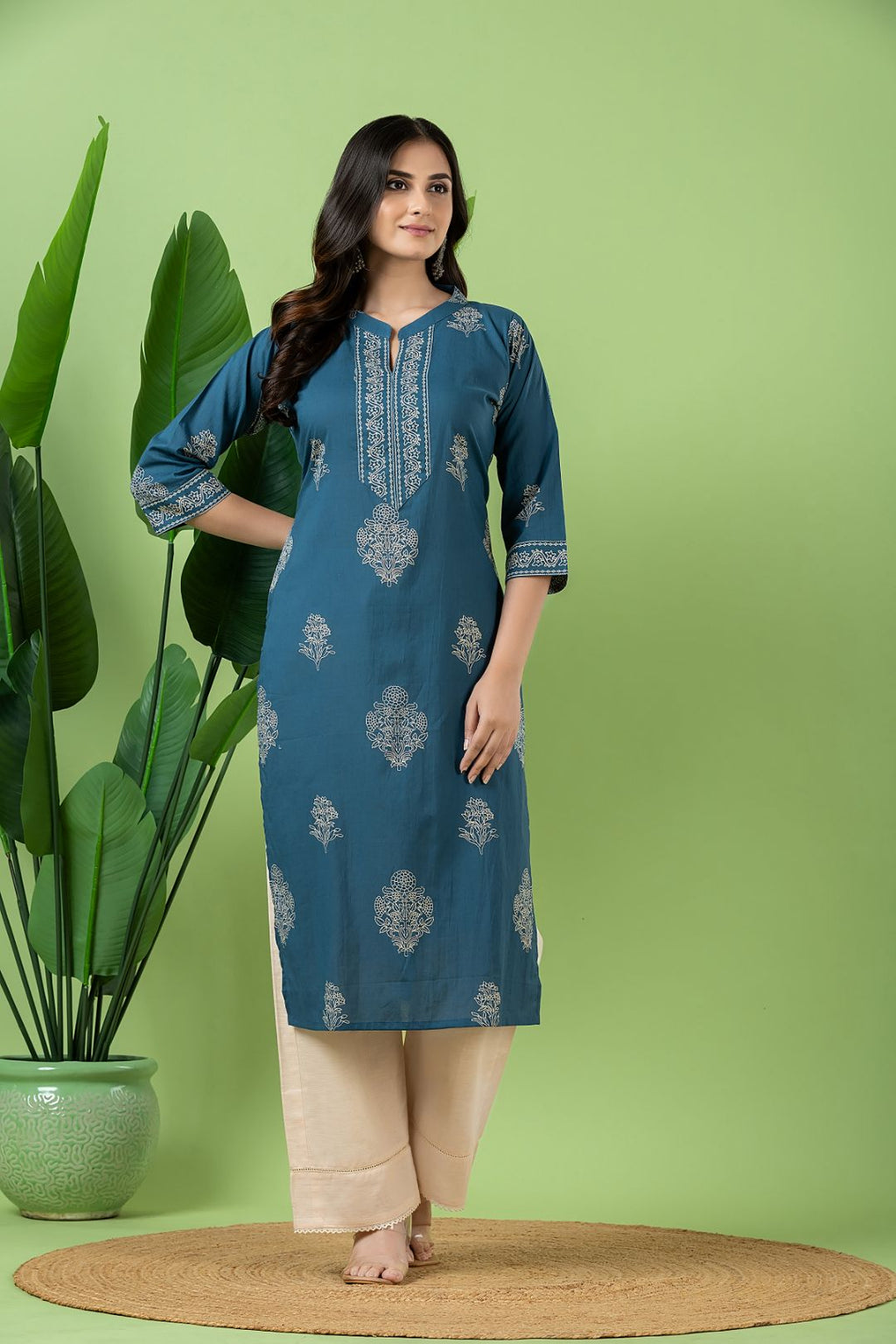 Teal Blue Floral Print Kurta