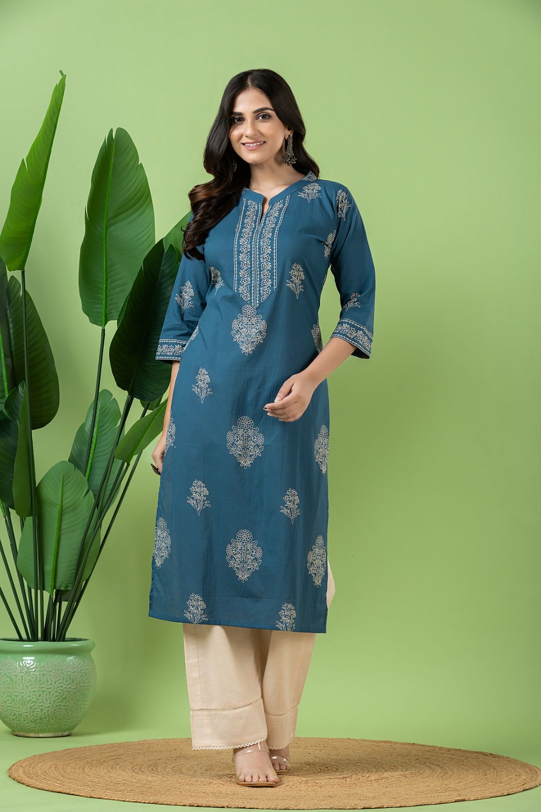 Teal Blue Floral Print Kurta