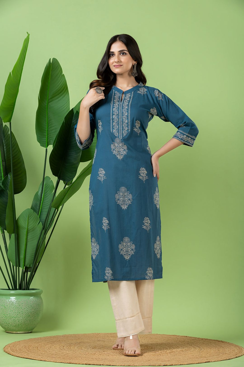 Teal Blue Floral Print Kurta