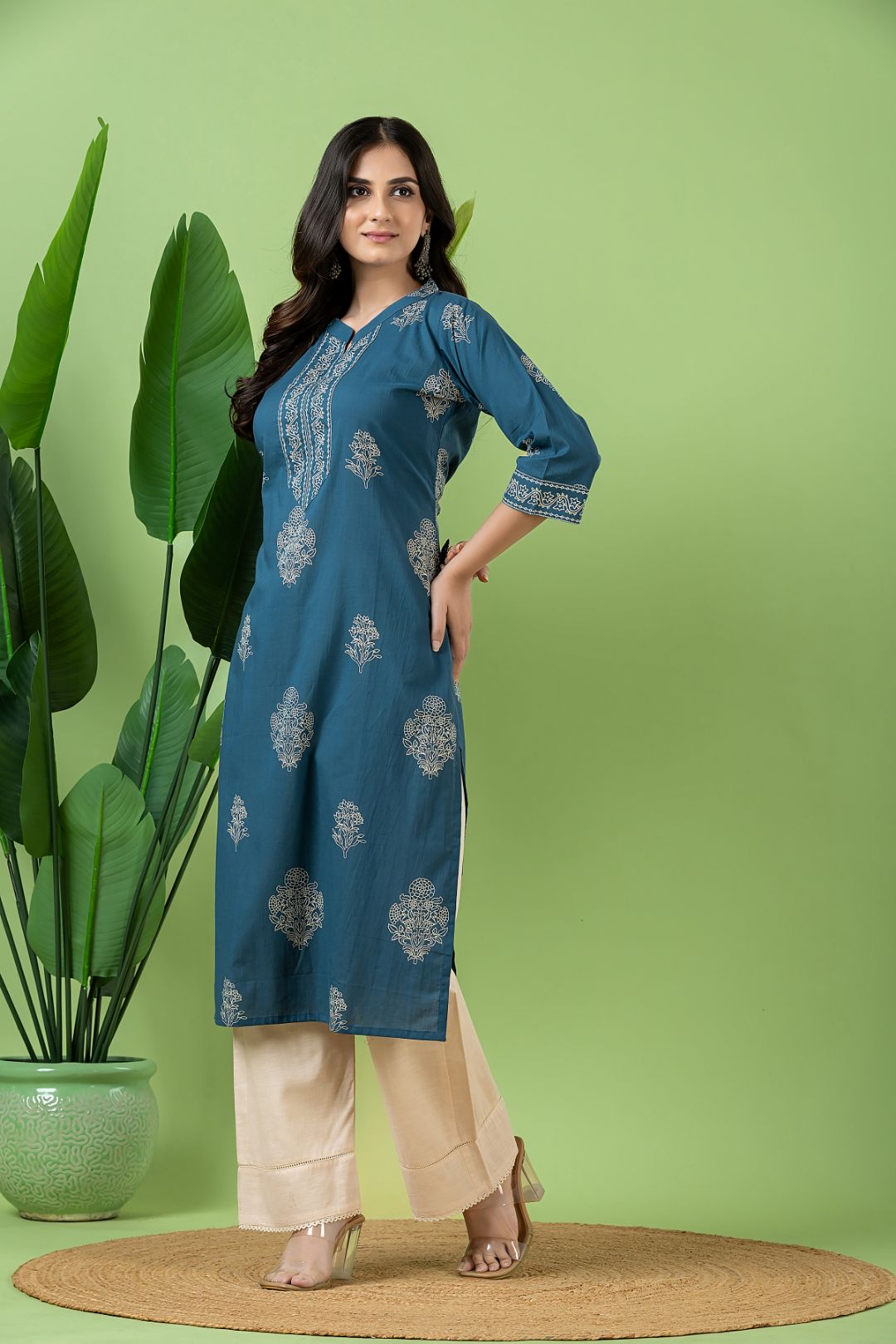 Teal Blue Floral Print Kurta
