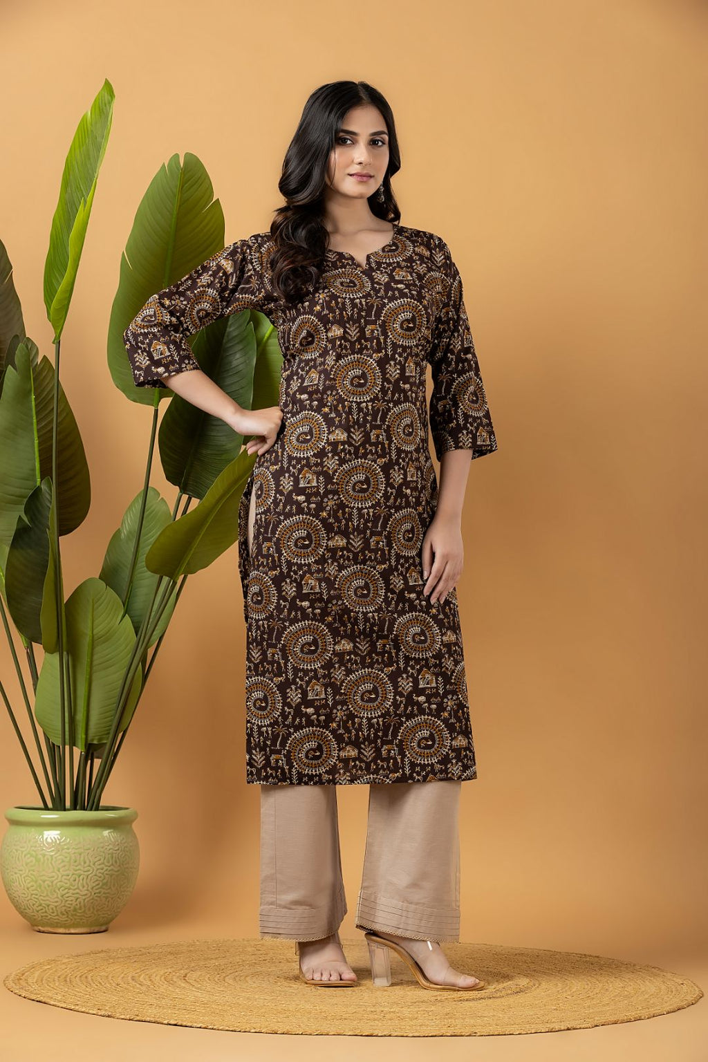 Brown Tribal Motif Print Kurta