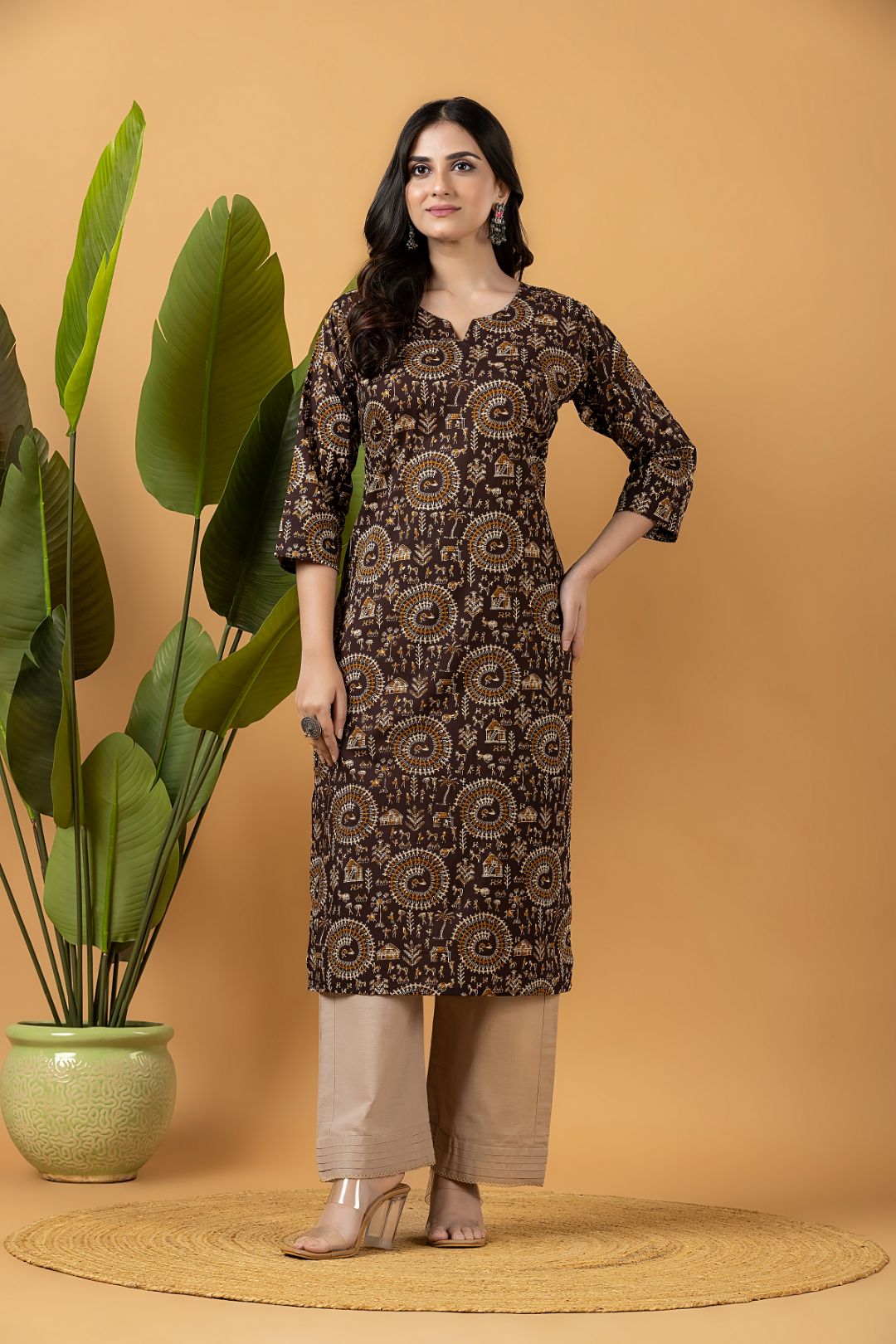 Brown Tribal Motif Print Kurta