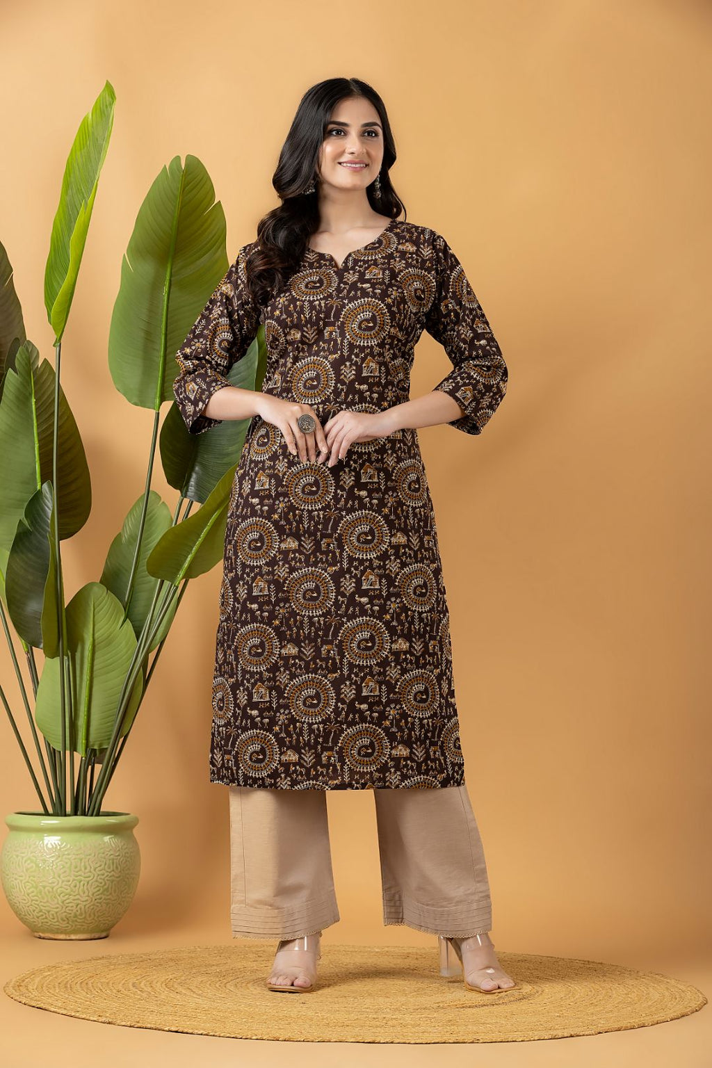 Brown Tribal Motif Print Kurta