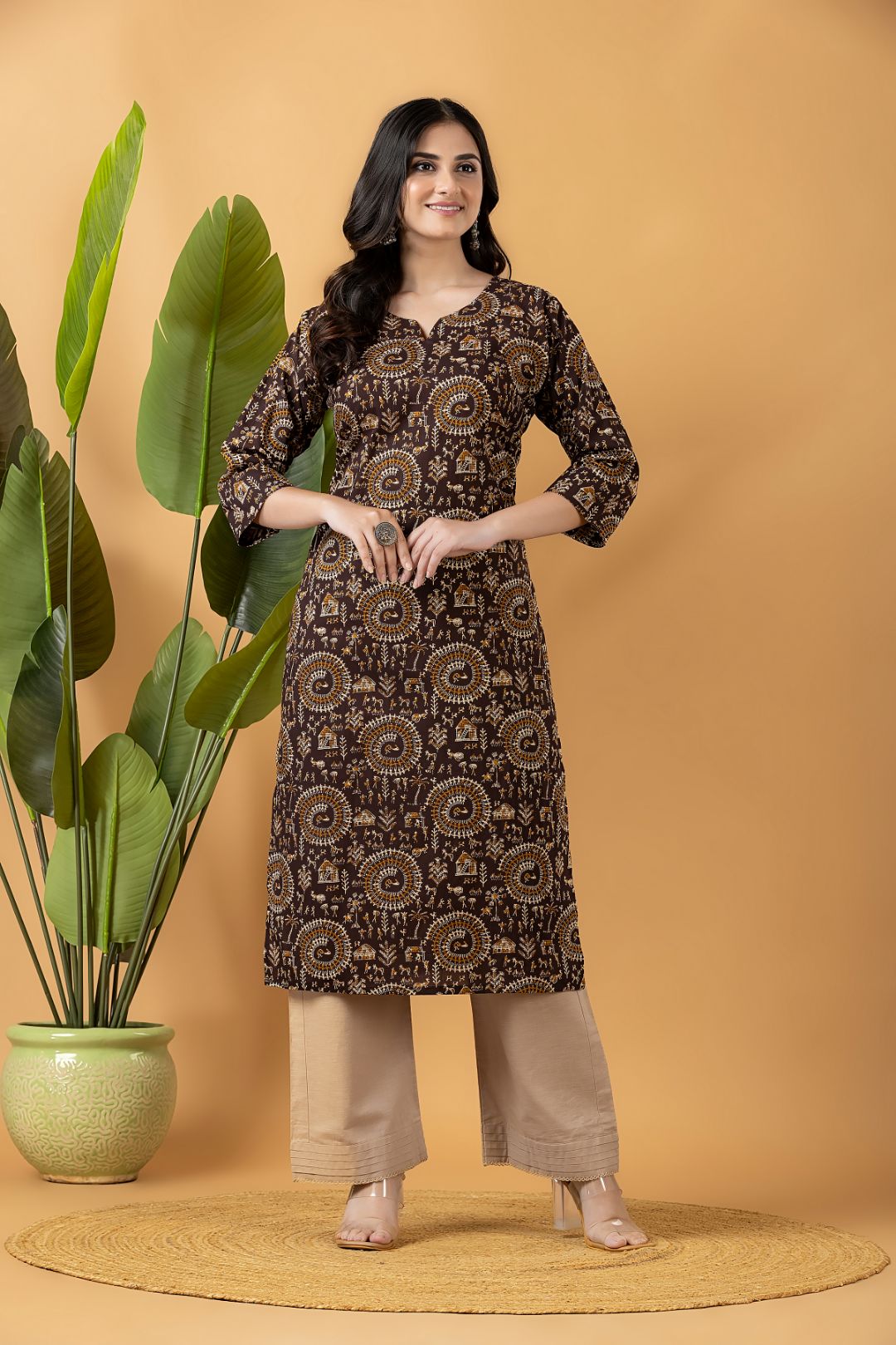 Brown Tribal Motif Print Kurta