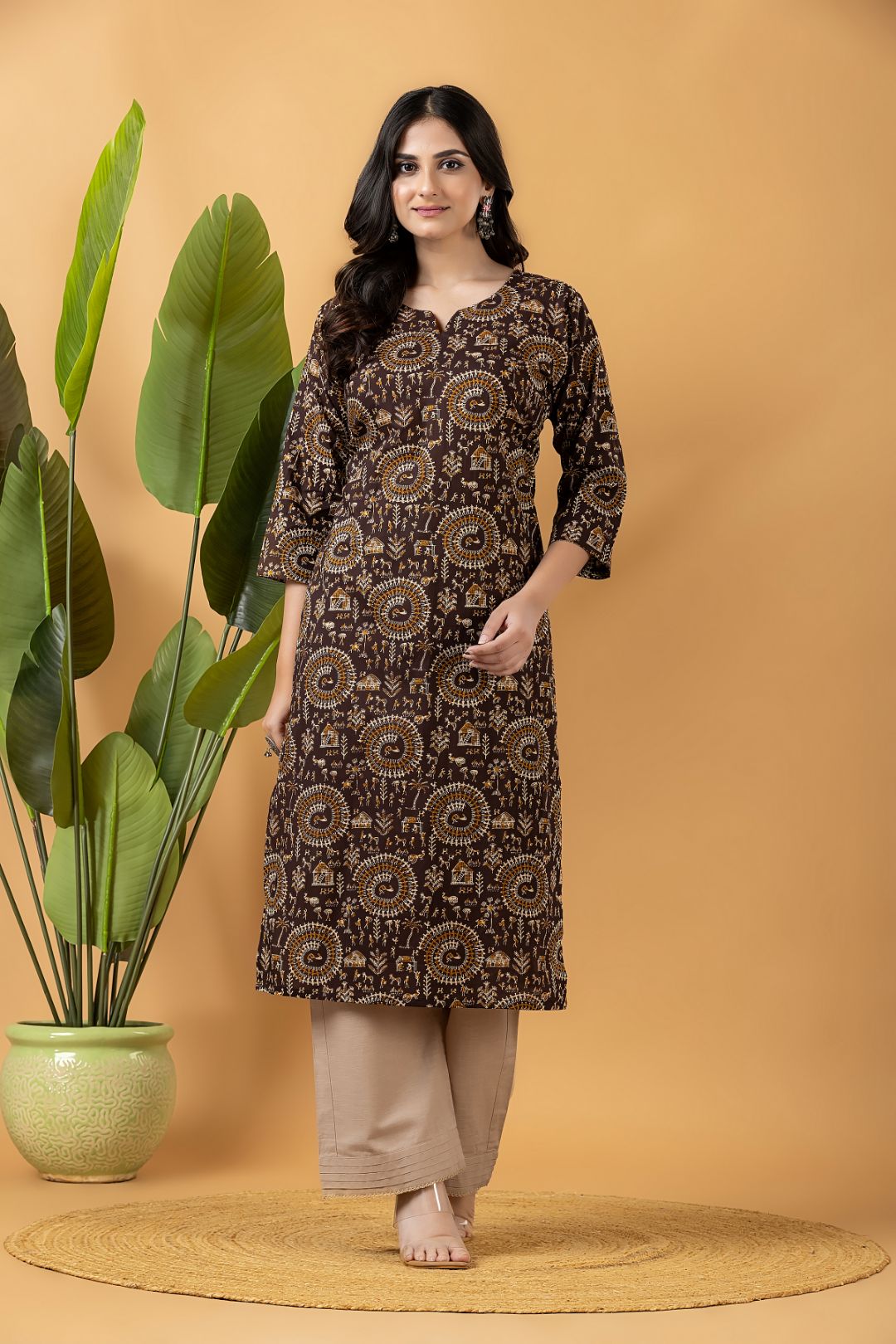 Brown Tribal Motif Print Kurta