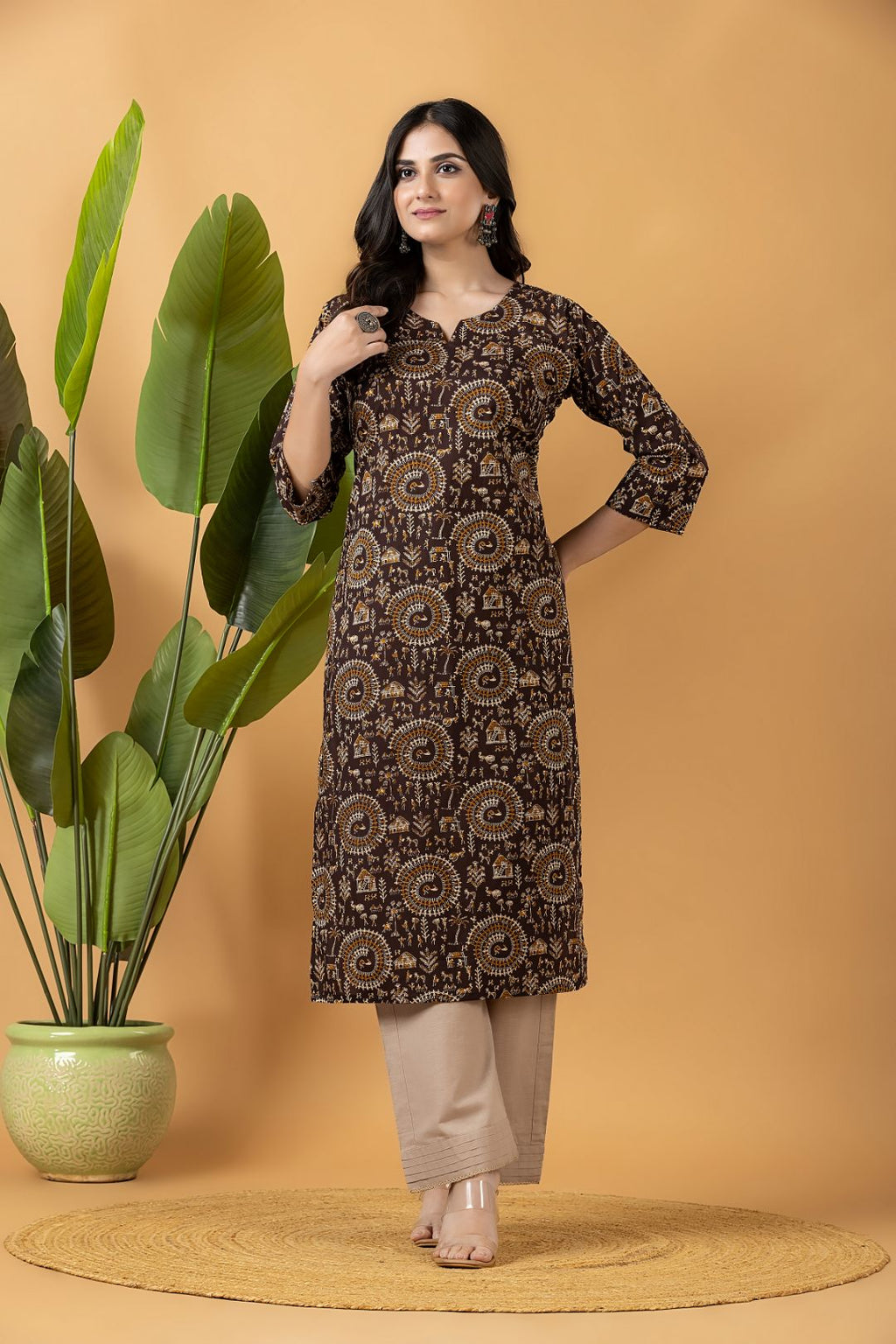 Brown Tribal Motif Print Kurta