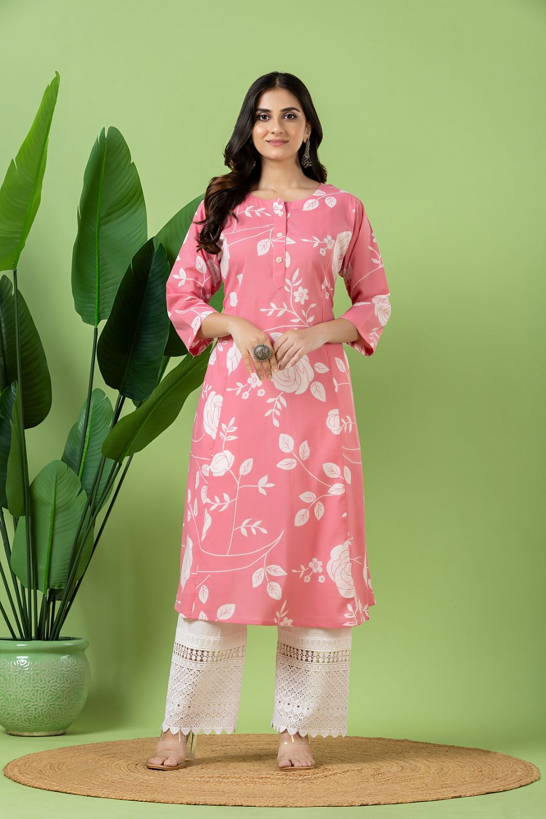 Pink Rose Print A-Line Kurta