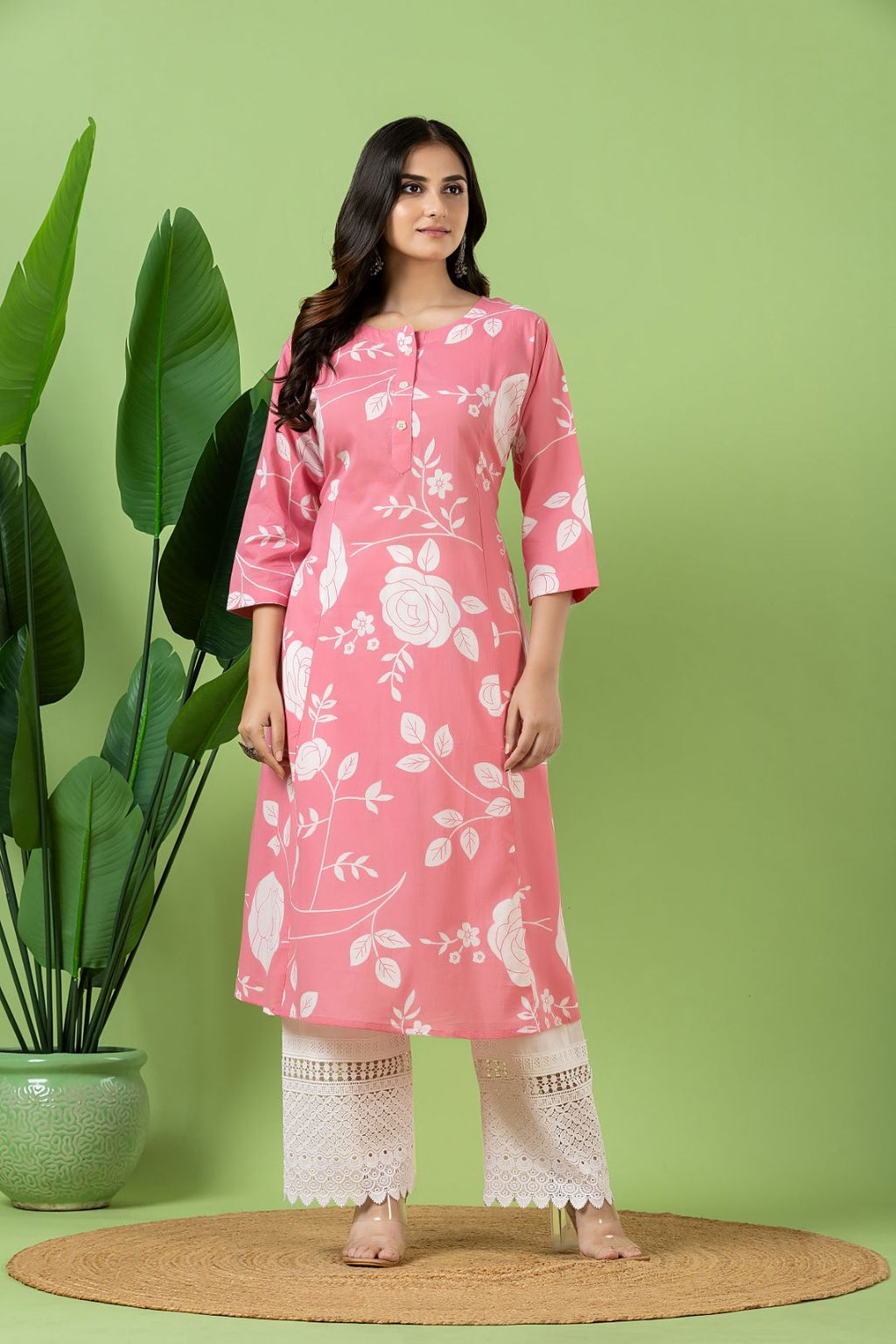 Pink Rose Print A-Line Kurta