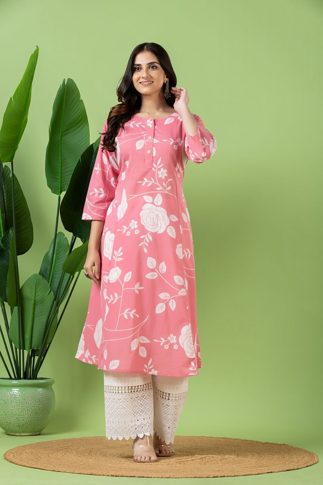 Pink Rose Print A-Line Kurta