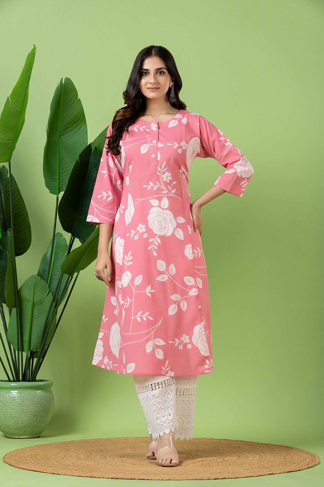 Pink Rose Print A-Line Kurta