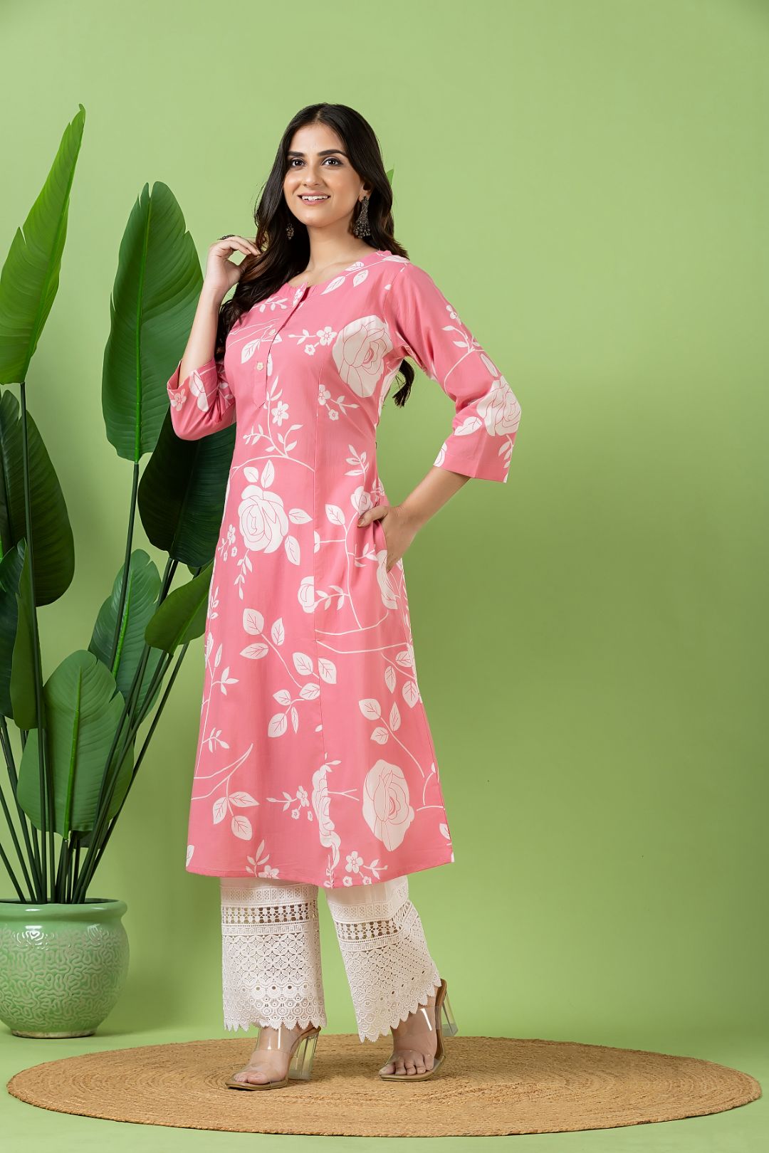 Pink Rose Print A-Line Kurta