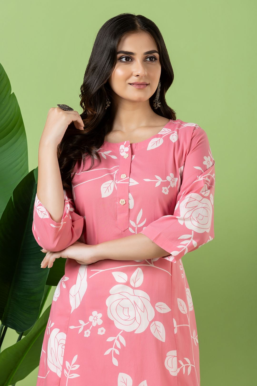 Pink Rose Print A-Line Kurta