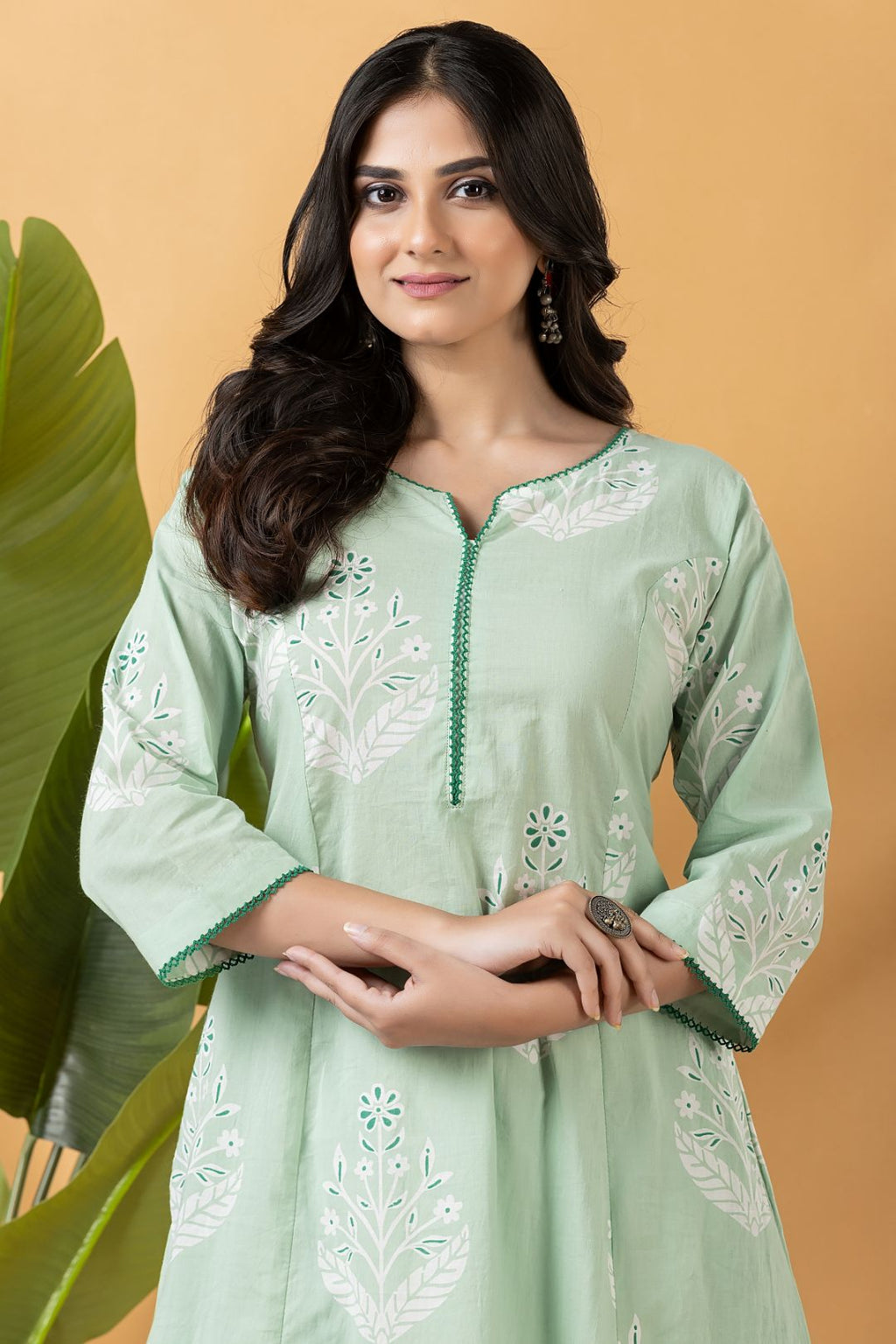 Mint Green Floral Print A-Line Kurta