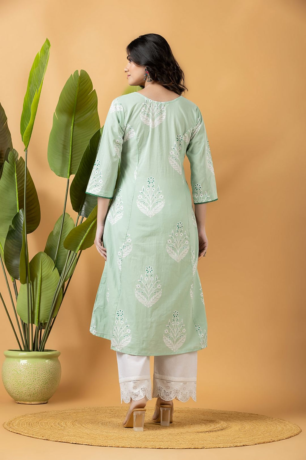 Mint Green Floral Print A-Line Kurta