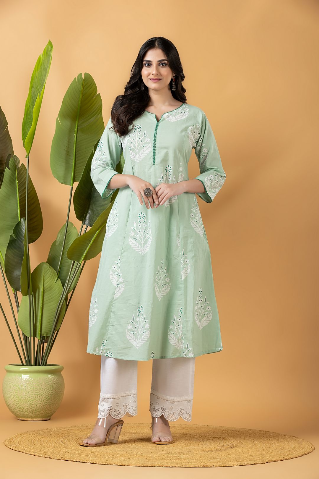 Mint Green Floral Print A-Line Kurta