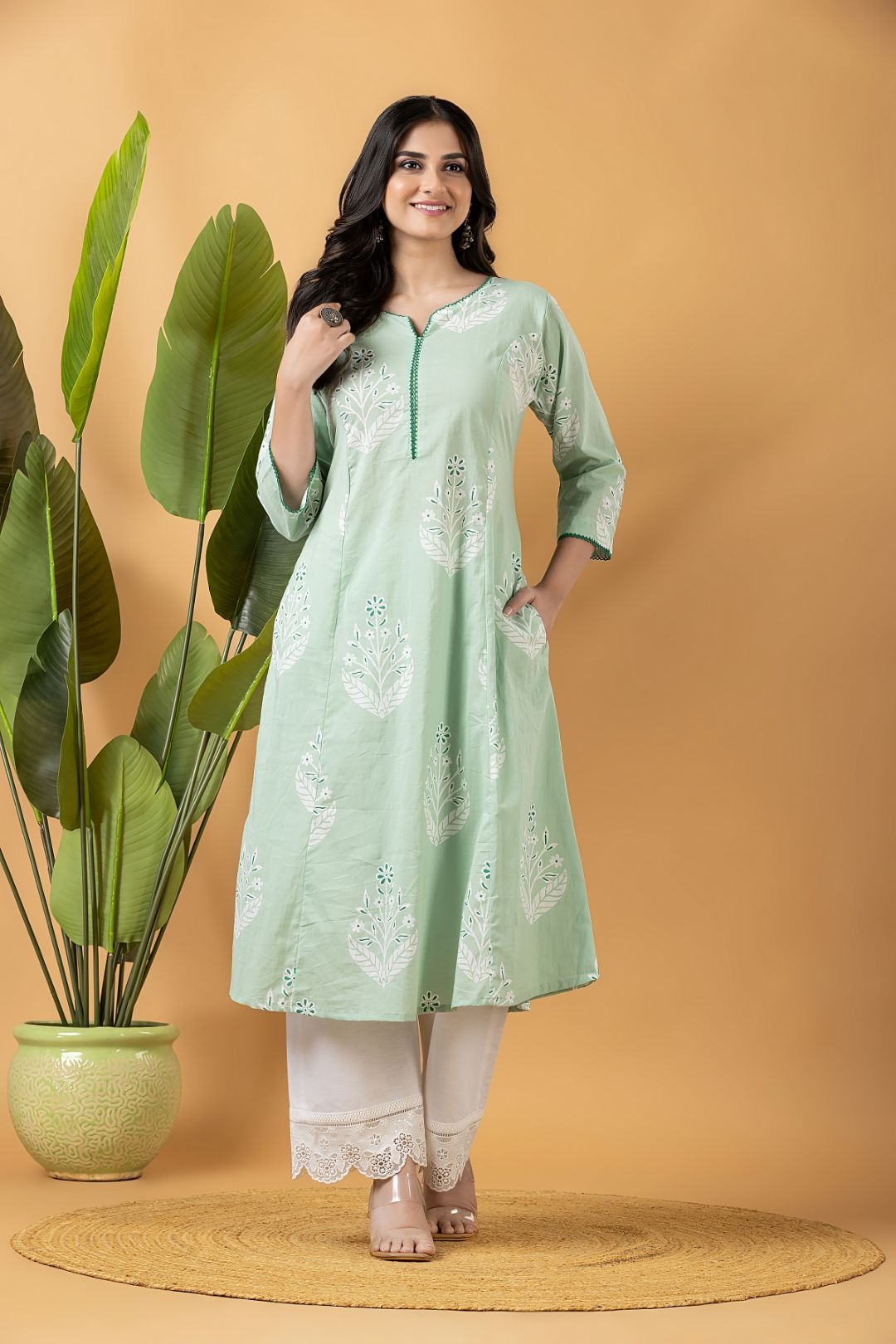 Mint Green Floral Print A-Line Kurta