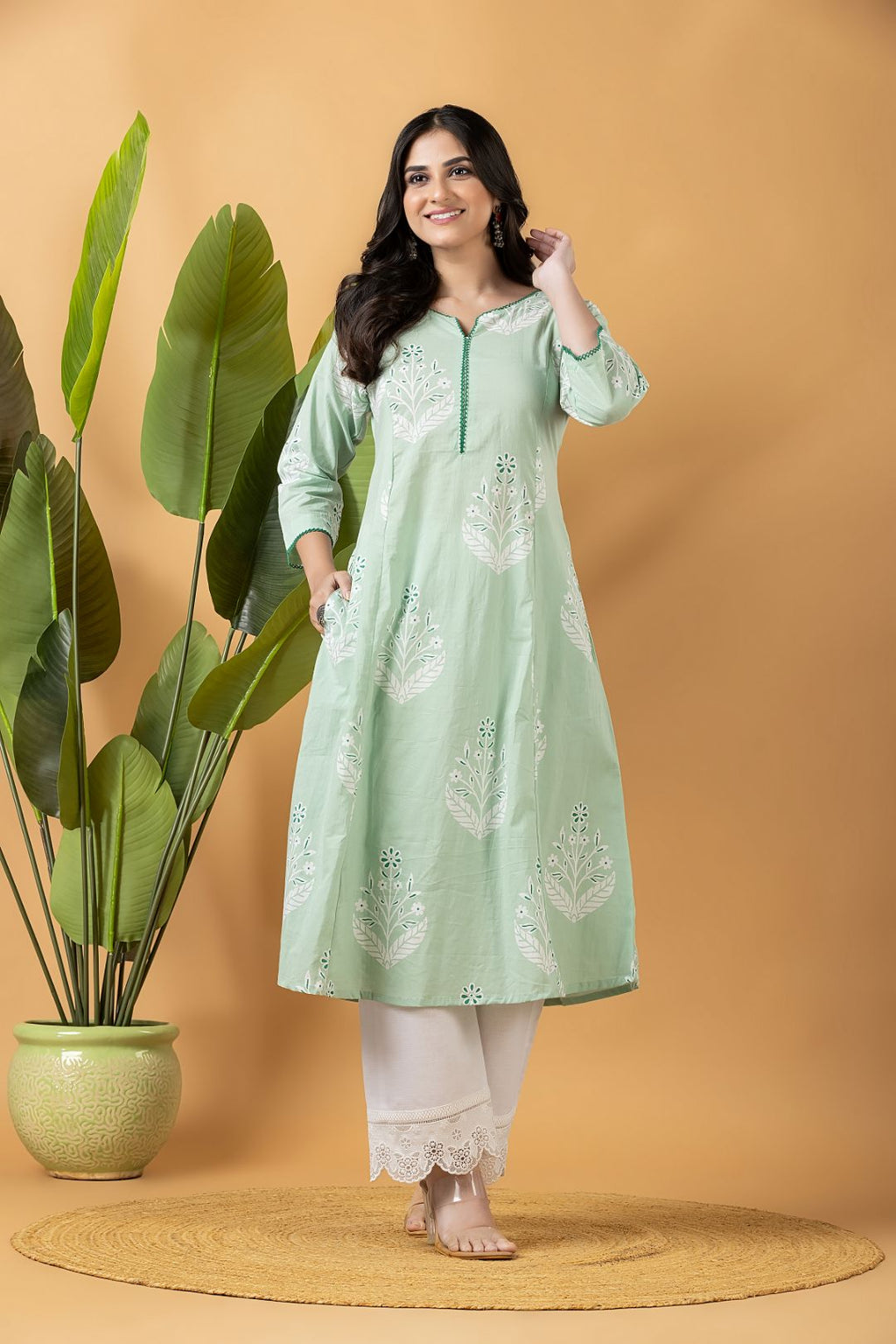 Mint Green Floral Print A-Line Kurta