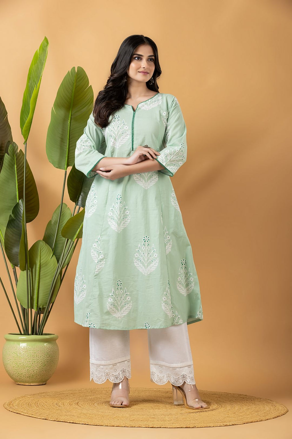 Mint Green Floral Print A-Line Kurta