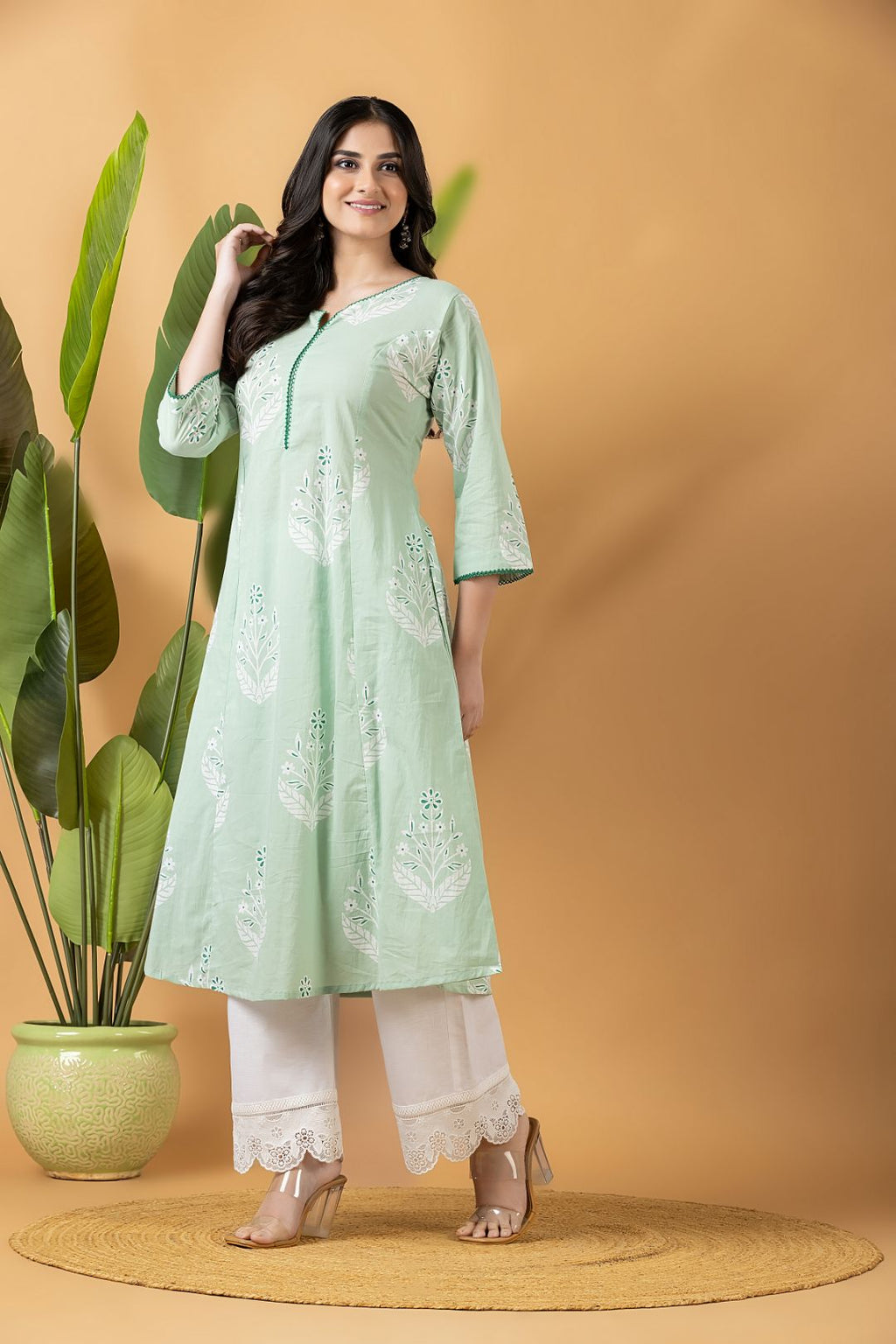 Mint Green Floral Print A-Line Kurta