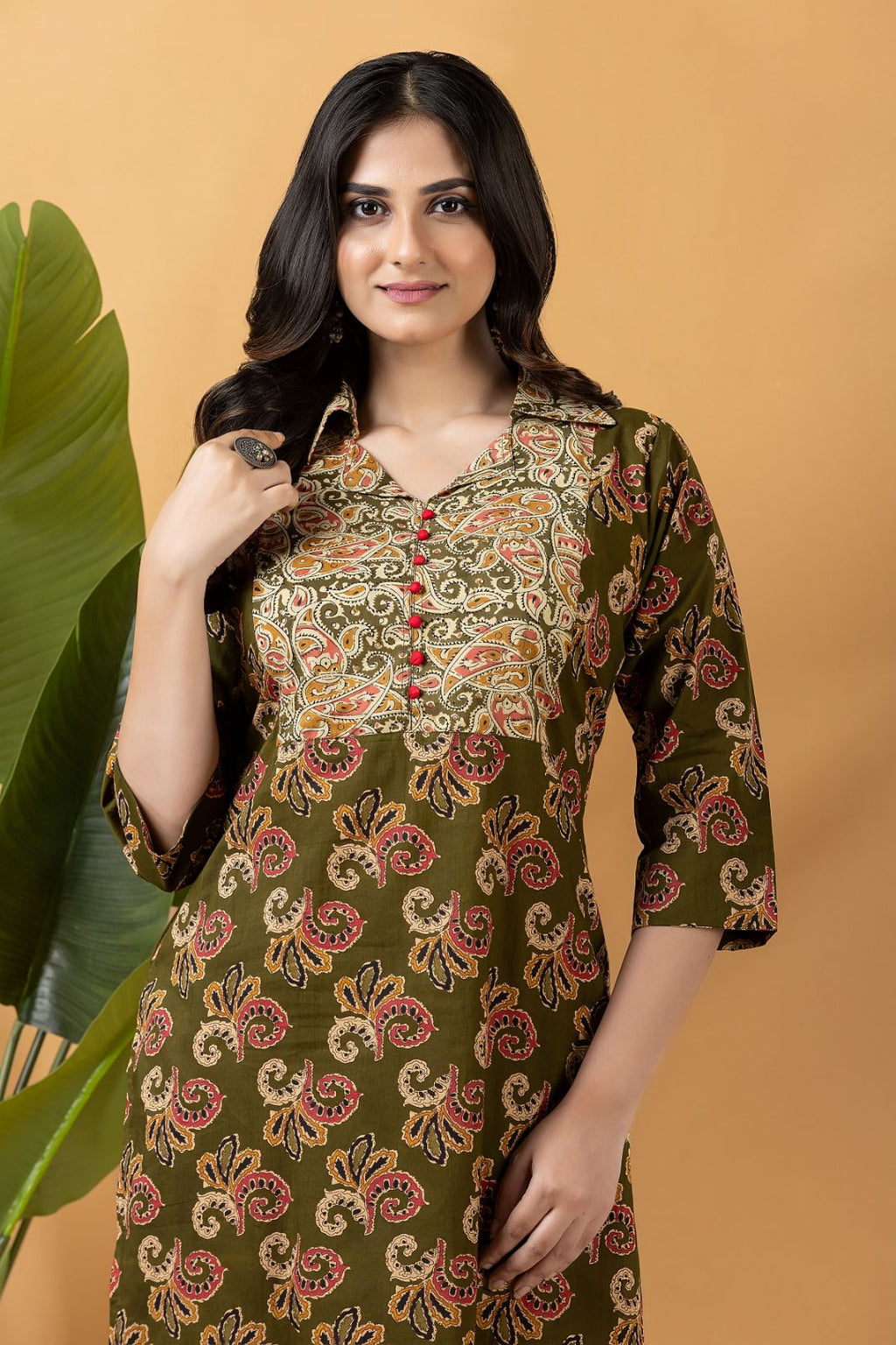 Olive Green Leaf Print Kurta