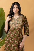 Olive Green Leaf Print Kurta